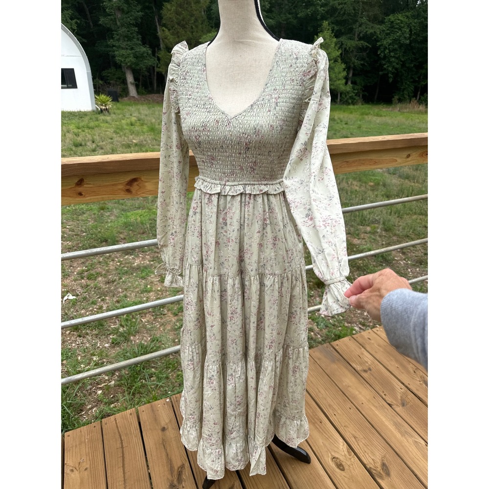 Altar'd State Floral Prairie Smocked Midi Dress Sage Green Tiered Ruffle Size S